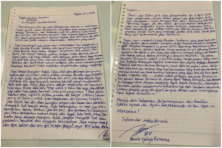 Isi surat yang ditulis mantan Gubernur DKI Jakarta Basuki Tjahaja Purnama (Ahok) di Rutan Mako Brimob, Kelapa Dua, Depok, Kamis (17/1/2019).