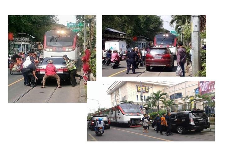 Mobil yang parkir di tengah rel aktif Jalan Mayor Sunaryo, Kota Solo, menghalangi kereta Bathara Kresna yang akan melintas.