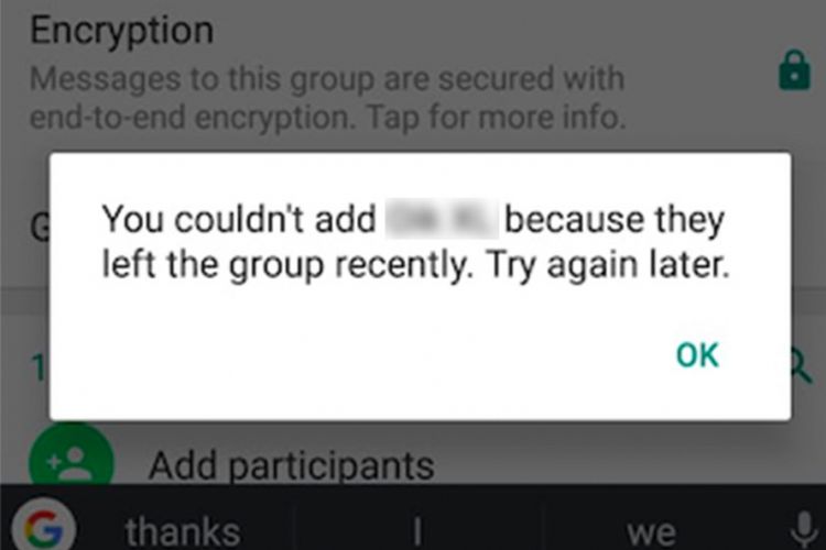 Prompt baru yang dimunculkan WhatsApp agar anggota yang sudah berkali-kali meninggalkan grup tak bisa langsung diundang masuk kembali.  