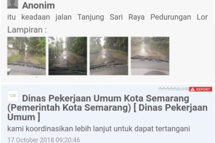 Salah satu laporan mengenai jalan rusak yang masuk melalui sistem Lapor Hendi milik Wali Kota Semarang, Hendrar Prihadi
