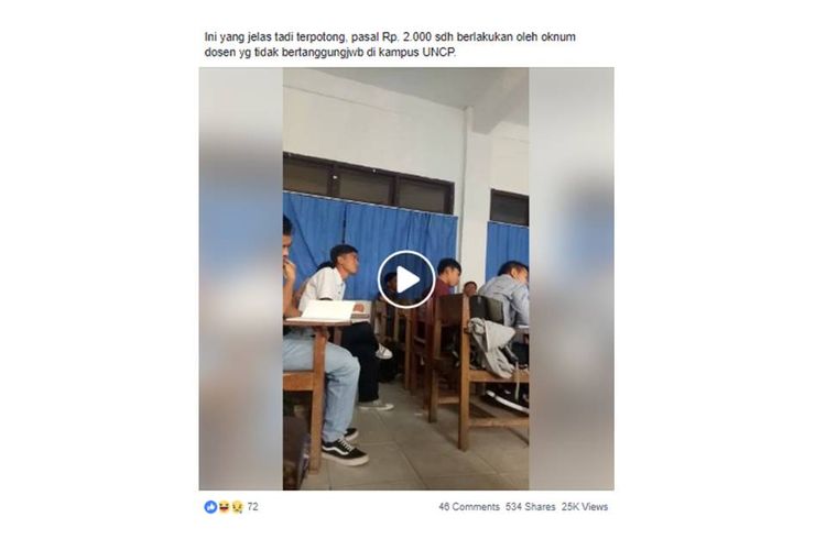 Video oknum dosen meminta uang Rp2.000 kepada mahasiswanya viral di media sosial.