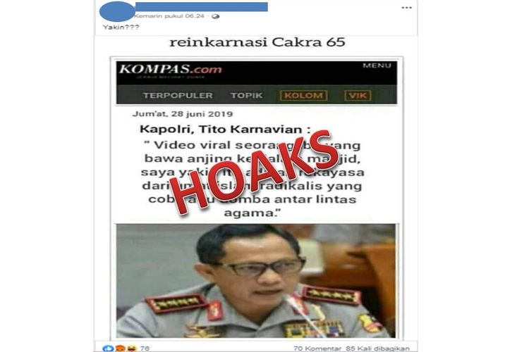 Tangkapan layar hoaks yang ditujukan kepada Kapolri Tito Karnavian tentang wanita membawa anjing masuk ke masjid di Bogor.