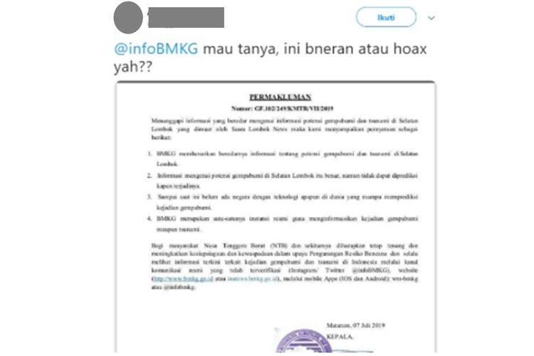 Tangkapan layar surat yang dikeluarkan BMKG Mataram.