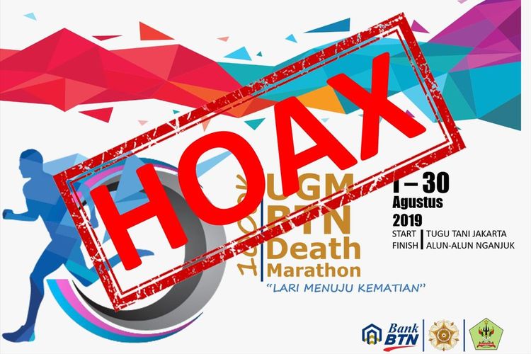 Poster kegiatan marathon UGM BTN DEATH Marathon Lari menuju kematian dengan start dari Tugu Tani Jakarta dan finish di Alun-alun Nganjuk. UGM memastikan kegiatan ini hoax