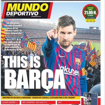 Halaman depan koran olahraga El Mundo Deportivo jelang laga perempat final leg kedua Liga Champions antara Barcelona dan Manchester United, Rabu (17/4/2019) dini hari WIB.