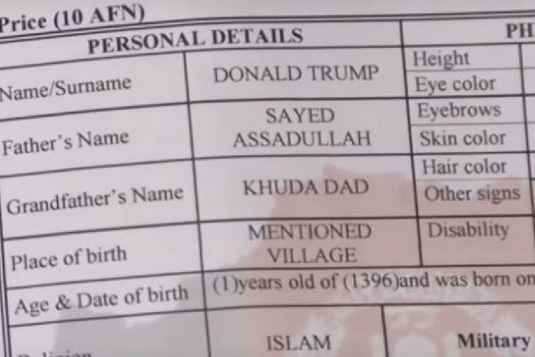 Inilah akta yang memperlihatkan nama Donald Trump. Seorang bayi berusia 18 bulan asal Afghanistan.