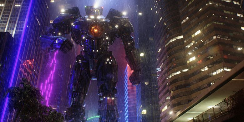 Robot jaeger dalam salah satu adegan di film Pacific Rim. Menurut keterangan di film, tingginya digambarkan separuh Monas lebih 20 meter.