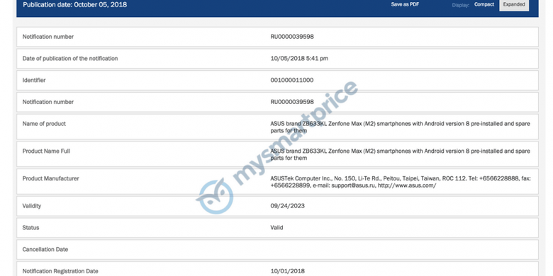 Bocoran dokumen sertifikasi Asus Zenfone Max (M2) dan Zenfone Max Pro (M2).