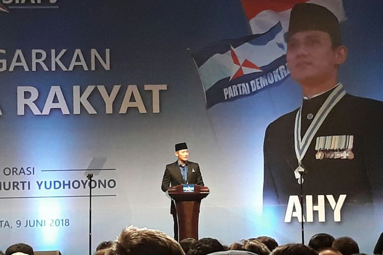 Agus Harimurthi Yudhoyono menyampaikan orasi bertajuk Mendengar Suara Rakyat di Jakarta Convention Center (JCC), Senayan, Jakarta, Sabtu (9/6/2018).