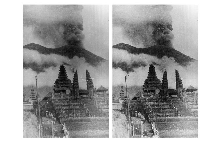 Gunung Agung saat meletus, dilihat dari arah Pura Besakih, di lereng selatan. Persis pada letusan Gunung Agung tahun 1963 itu, masyarakat setempat merayakan upacara Eka Dasa Rudra.  