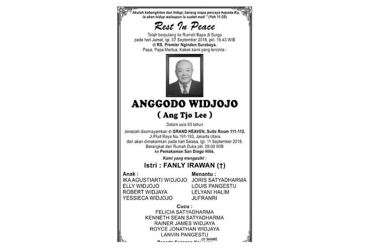 Iklan yang dimuat di Harian Kompas, 9 September 2018, mengenai informasi meninggalnya Anggodo Widjojo.
