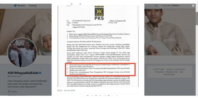 Politisi PKS Fahri Hamzah mengunggah surat berlogo PKS yang meminta bakal caleg terpilih harus siap mengundurkan diri kapanpun.