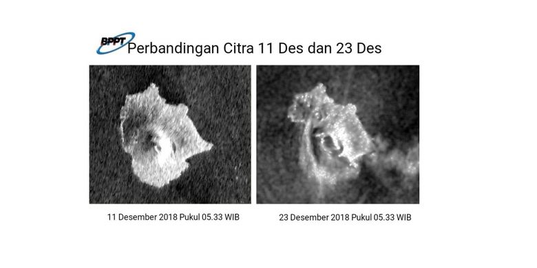 Perbandingan wajah Anak Krakatau dari udara pada 11 Desember dan 23 Desember 2018. 