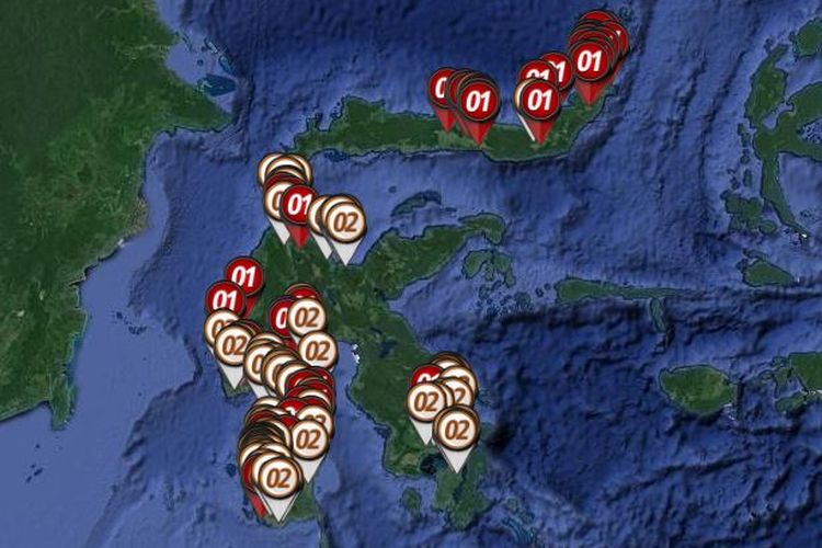 Peta sebaran hitung cepat atau quick count Pilpres 2019 yang dirilis oleh Litbang Kompas pada Rabu (17/4/2019) hingga pukul 23.00 WIB di Pulau Sulawesi.