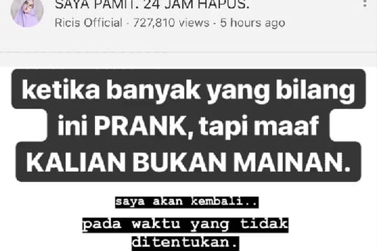 YouTuber Ria Ricis pastikan keputusannya berpamitan dari YouTube bukan prank.