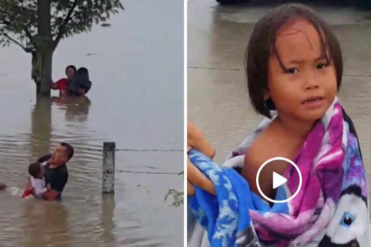 Tangkapan layar video viral penyelamatan korban banjir di sisi jalan tol Ngawi-Kertosono yang diunggah akun Facebook Nanda Sapto Wati.