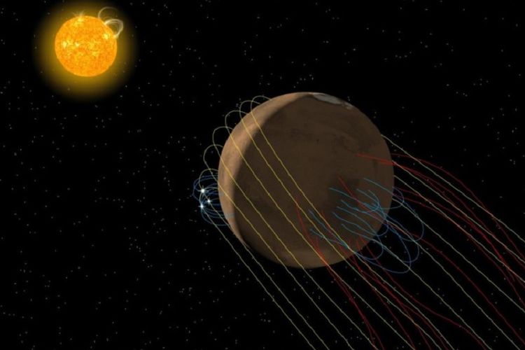 Artists conception of the complex magnetic field environment at Mars. Yellow lines represent magnetic field lines from the Sun carried by the solar wind, blue lines represent Martian surface magnetic fields, white sparks are reconnection activity, and red lines are reconnected magnetic fields that link the surface to space via the Martian magnetotail.