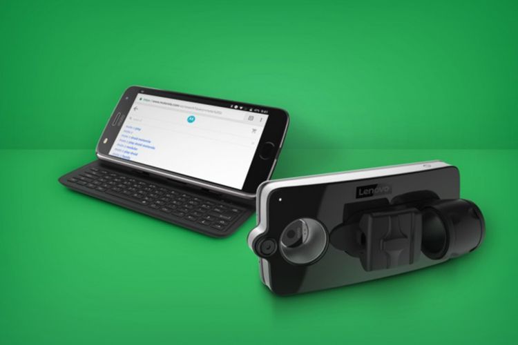 Aksesori modular Moto Mods Lenovo Vital (kanan) dan Livermorium Slider Keyboard untuk ponsel Motorola seri Moto Z.