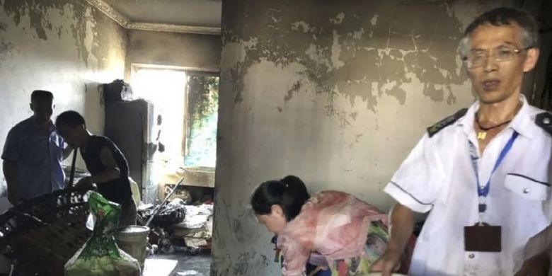 Kondisi ruang keluarga yang hangus karena kebakaran di sebuah rumah susun di China, Rabu (25/7/2018).