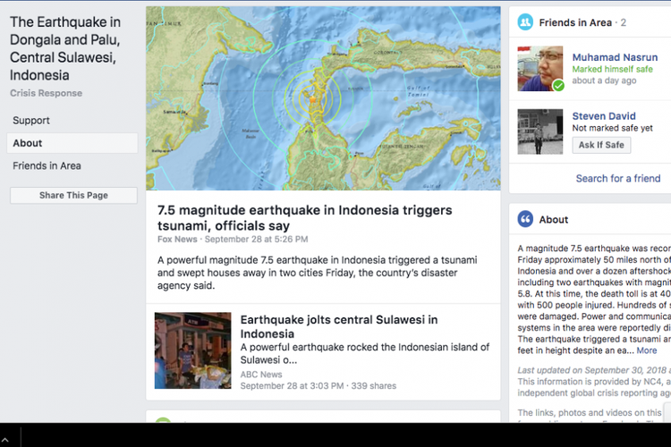 Facebook aktifkan fitur Safety Check menyusul gempa bermagnitudo 7,4 SR yang disusul gelombang tsunami di Donggala, Palu, dan sekitarnya.