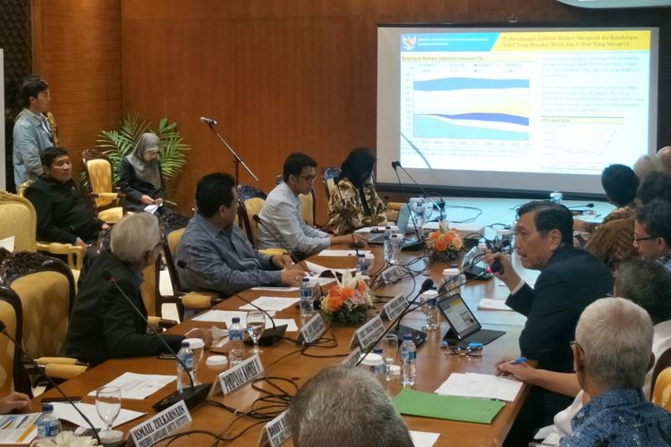 Menteri Koordinator Bidang Kemaritiman Luhut Binsar Panjaitan dalam Rapat Koordinasi Pengembangan Industri Kendaraan Bermotor Lisrik Nasional di Kompleks Parlemen, Senayan, Jakarta, Kamis (29/11/2018). 