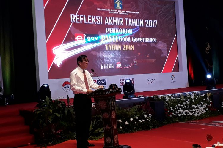 Menteri Hukum dan Hak Asasi Manusia Yasonna Laoly pada sambutan acara refleksi akhir tahun Kementerian Hukum dan HAM 2017, di kantor Kemenkum HAM, Kuningan, Jakarta, Rabu (20/12/2017).