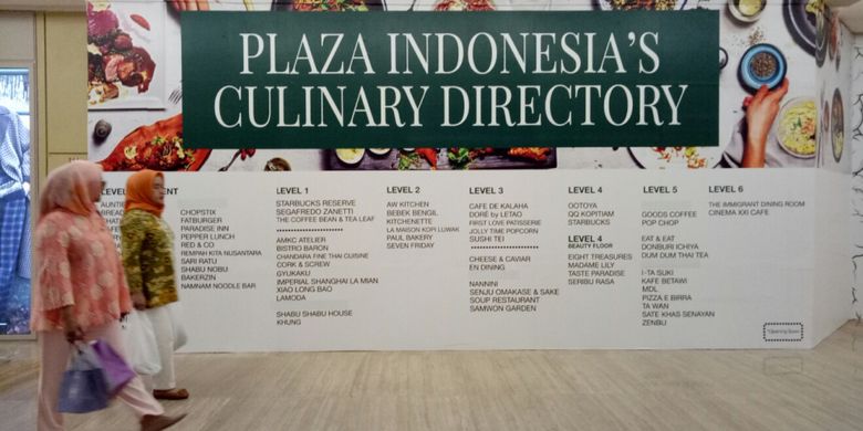 Daftar ke 33 gerai kuliner di Plaza Indonesia, yang mengikuti Festival Kuliner Dunia di tiap lantainya.
