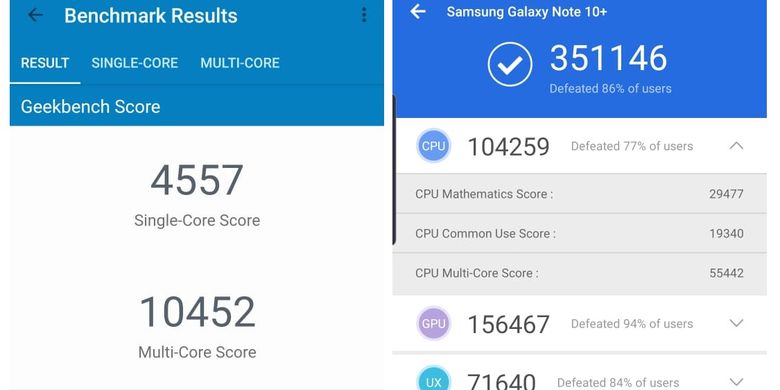 Hasil skor benchmark Galaxy Note 10 Plus versi AnTuTu (kiri) dan Geekbench 4 (kanan)
