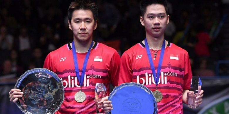 Marcus Fernaldi Gideon dan Kevin Sanjaya Sukamuljo menjadi juara nomor ganda putra All England 2017 di Birmingham, Minggu (12/3/2017). 