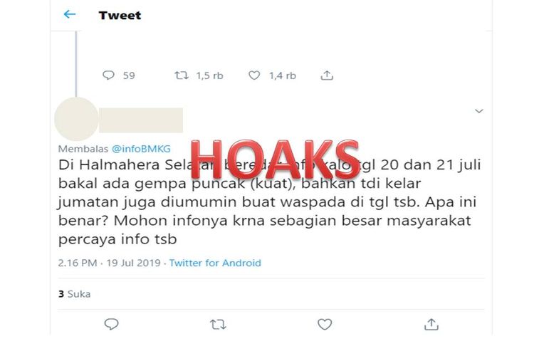 Tangkapan layar terkait informasi akan terjadi gempa bumi di Halmahera Selatan.