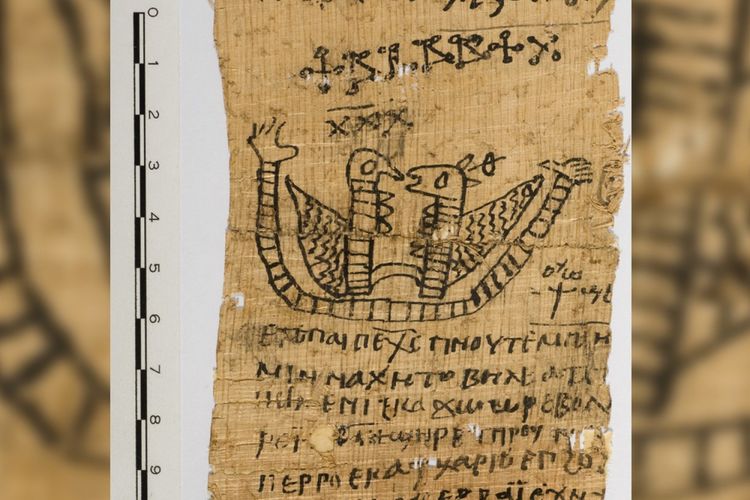 Teks kuno ditulis dengan menggunakan bahasa Koptik dan dihiasi dengan dua mahluk mirip burung