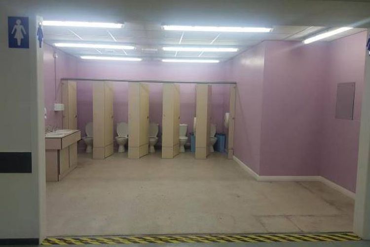 Tampilan ruang toilet di sekolah St Marys College di Inggris yang tanpa tembok penghalang.