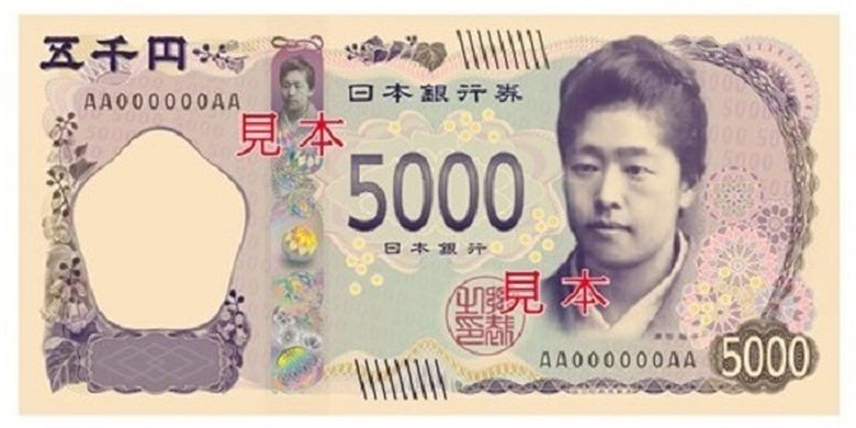 Penggagas pendidikan untuk kaum wanita Jepang, Umeko Tsuda, pada sisi depan uang kertas 5.000 yen yang baru.