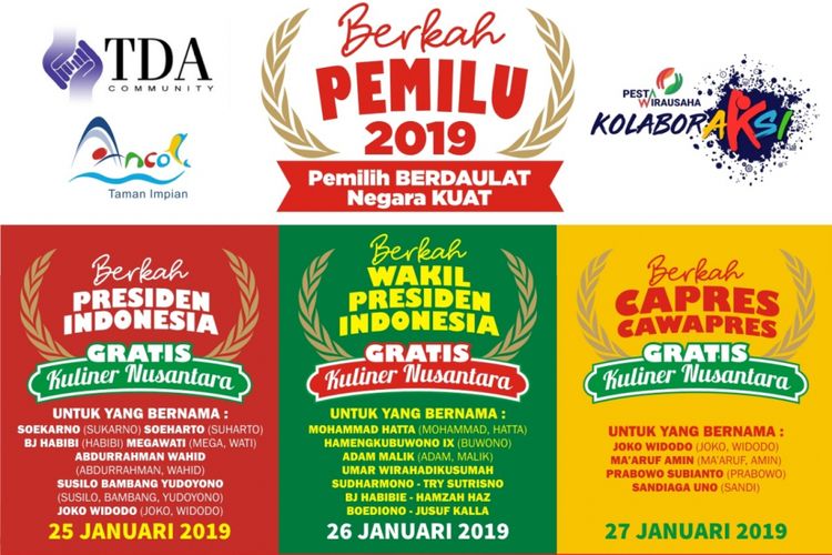 Poster acara Pesta Wirausaha Nasional 2019 yang menyediakan makanan gratis bagi para pengunjung bernama mirip nama presiden.