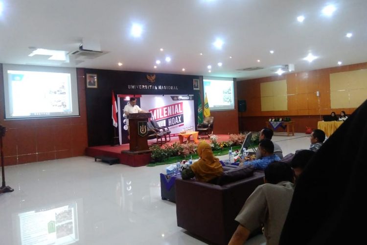 Wakil Kepala Satuan Tugas Nusantara Brigjen Pol Fadil Imran saat membuka seminar nasional dengan tema “Anti Hoaks:Jangan Ada Hoaks Diantara Kita,” di Universitas Nasional, Jakarta Selatan, Selasa (15/1/2019).