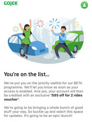 Screenshot aplikasi Go-Jek di Singapura saat calon pengguna masih berada dalam antrean daftar tungu untuk menjajal layanan.