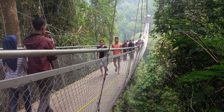Sejumlah wisatawan melintas jembatan gantung di Taman Nasional Gunung Gede Pangrango (TNGGP) Resort Situgunung, Kadudampit, Sukabumi, Jawa Barat, Minggu (17/6/2018).