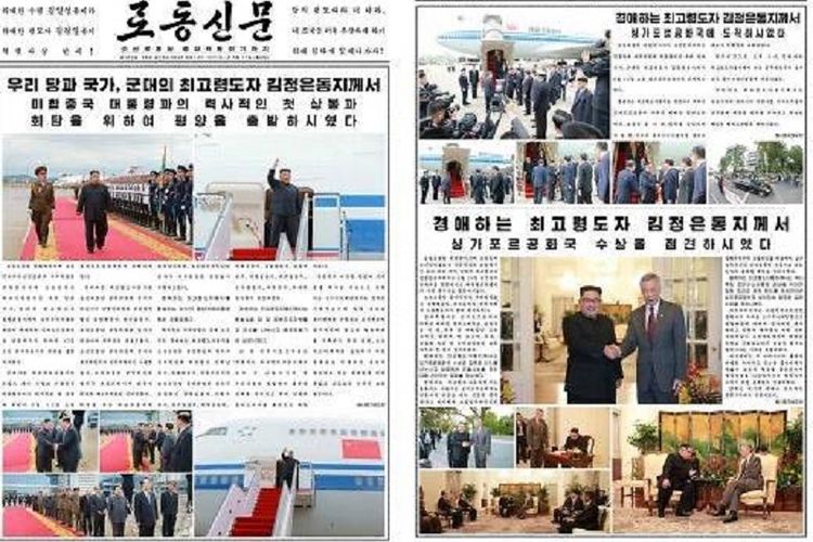 Halaman harian Korea Utara, Rodong Sinmun, yang memperlihatkan kegiatan Kim Jong Un dimulai dari Bandara Pyongyang hingga tiba di kediaman Perdana Menteri Singapura Lee Hsien Loong.