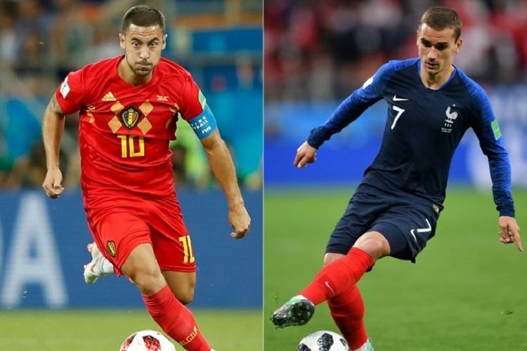 Eden Hazard dan Antoine Griezmann bakal beradu kecerdikan dan ketajaman dalam laga Perancis vs Belgia pada semifinal Piala Dunia 2018 di St. Petersburg, 10 Juli 2018. 