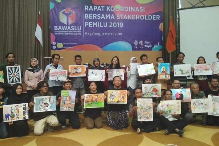 Bawaslu Kabupaten Magelang menggandeng seniman/perupa untuk ikut mengawasi Pemilu 2019, Sabtu (2/3/2019).