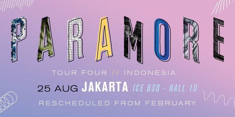 Paramore mengumumkan konser di Jakarta akan digelar pada 25 Agustus 2018 di Indonesia Convention Exhibition (ICE), BSD, Tangerang Selatan.