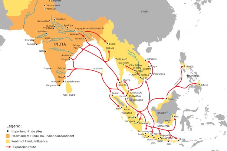 Rute ekspansi pengaruh Hindu dari subkontinental India ke Nusantara. Tidak ada satupun etnis di Nusantara yang memiliki galur genetika murni single ethnic. Secara umum, genetika orang Indonesia kira-kira adalah 74% Asia Tenggara dan Oseania, 9% Asia Selatan, 5% Asia Timur, 6% Arab dan 6?rika. 