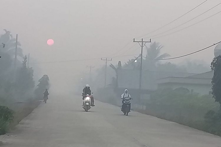 Kabut asap tebal menyelimuti wilayah Kecamatan Rupat, Kabupaten Bengkalis, Riau, akibat kebakaran hutan dan lahan (karhutla), Senin (25/2/2019).