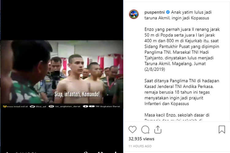 Video seorang pemuda bernama Enzo Zenz Allie bercakap-cakap dengan Panglima TNI Marsekal Hadi Tjahjanto menggunakan bahasa Perancis, viral di media sosial. Pemuda bule itu berkata lantang, ingin menjadi infanteri Komando. 