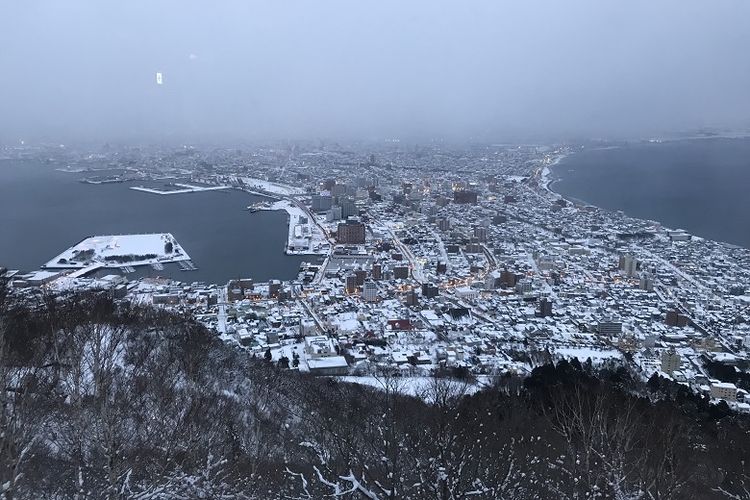 Pemandangan Kota Hakodate dilihat dari atas Gunung Hakodate, Prefektur Jepang, Jumat (15/2/2019). Wisatawan bisa naik ke atas Gunung Hakodate dengan kereta gantung.