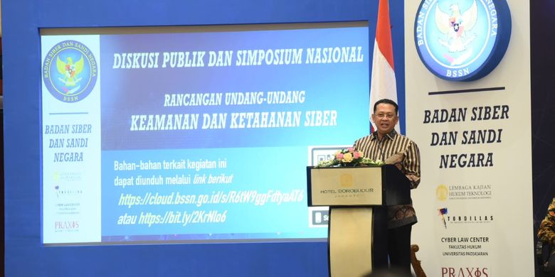 Ketua DPR RI Bambang Soesatyo (Bamsoet) saat menjadi narasumber Diskusi Publik dan Simposium Nasional Rancangan Undang-Undang tentang Keamanan dan Ketahanan Siber (RUU KKS), di Jakarta, Senin (12/08/2019).