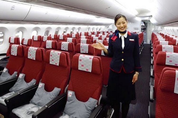 Kabin kelas ekonomi di Japan Airlines, Sky Suite 787. 