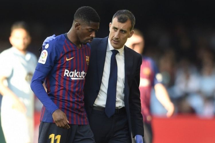 Ousmane Dembele cuma main enam menit lantaran cedera pada laga Celta Vigo vs Barcelona dalam lanjutan La Liga Spanyol di Stadion Balaidos, 4 Mei 2019. 