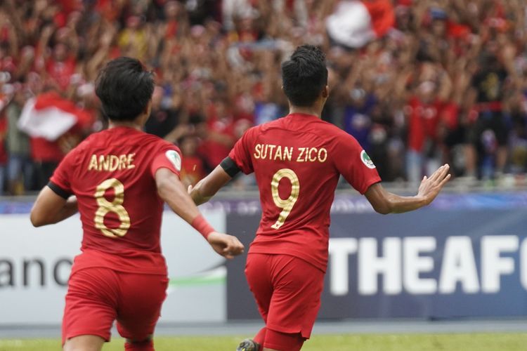 Sutan Zico merayakan gol Timnas U-16 Indonesia ke gawang Australia pada laga perempat final Piala Asia U-16 2018 di Stadion Bukit Jalil, 1 Oktober 2018. 