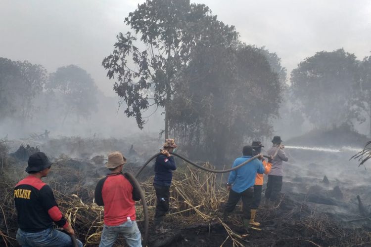 Petugas gabungan melakukan pemadaman api pada lahan milik PT Sumber Sawit Sejahtera di Desa Kuala Panduk, Kecamatan Teluk Meranti, Kabupaten Pelalawan, Riau, Minggu (10/3/2019).